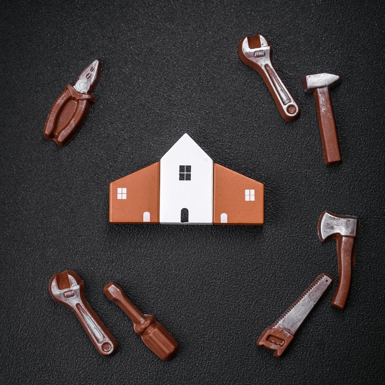 Repair or home improvement tools and a house model on a plain background